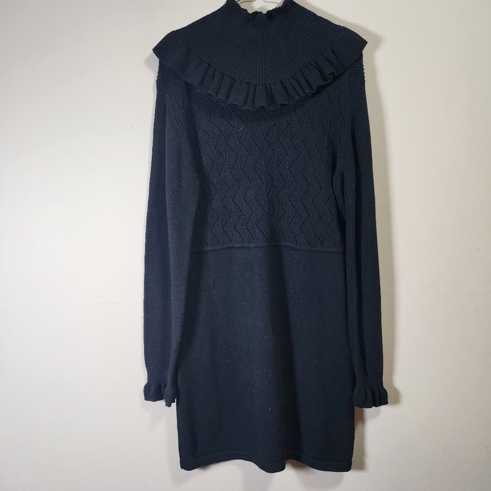 French connection 71VNZ high neck long sleeve knit ruffle dress color black